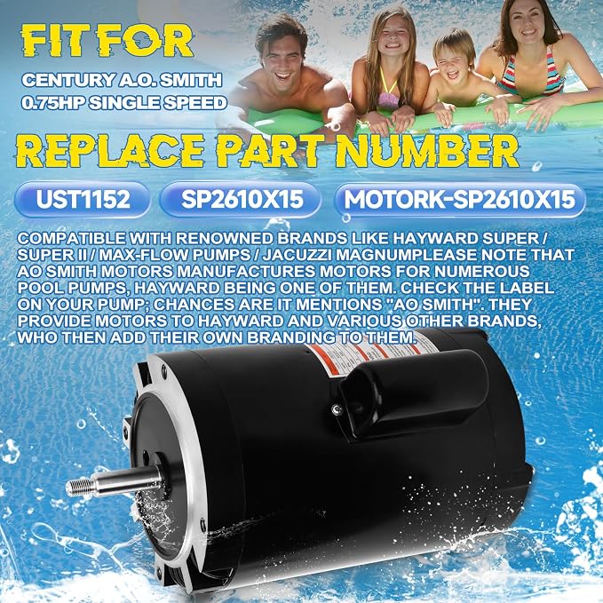 B127 Pool Pump Motor 0.75 HP, Fit for Century A.O. Smith 0.75HP Single Speed, 3450 RPM, S56J Frame, 230V, Swimming Pool Motor