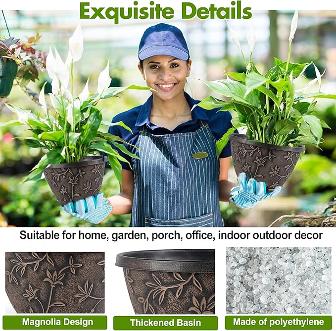 Nooulap 10 Inch Plant Pot with Drainage, Plastic Planter for Indoor Outdoor Plants, Medium Flower Pots for Patio, Balcony Garden Decor, Brown Vintage Flower Pattern