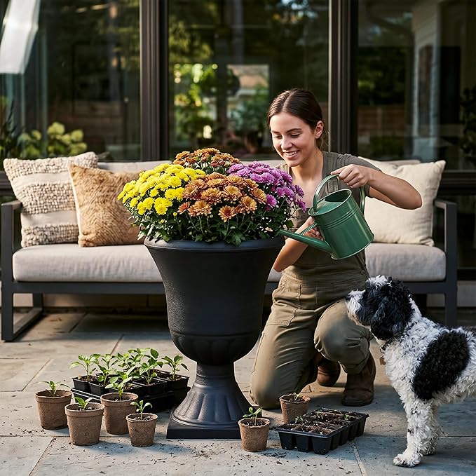 Worth Garden 2-Pack Plastic Urn Planters for Outdoor Plants, 22'' Black Tall Round Classic Resin Traditional Flower Pots - 15 in. Dia Large Imitation Stone Decorative Pot Patio Deck Front Porch