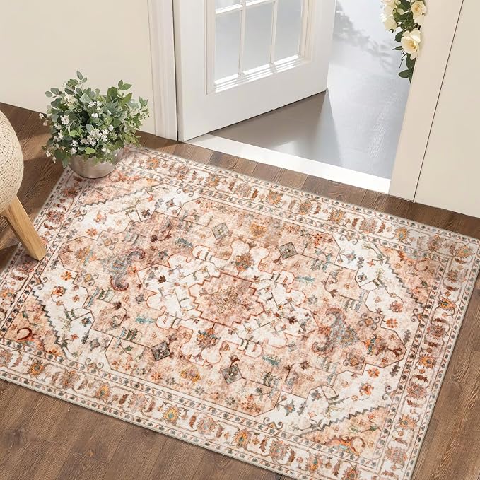 SERISSA 2x3 Washable Non Slip Boho Small Area Rug for Entryway，Peach Cream | Ultra Soft Vintage Oriental Carpet Low-Pile Tribal Indoor Mat for Bedroom Kitchen Bathroom Entrance Floor