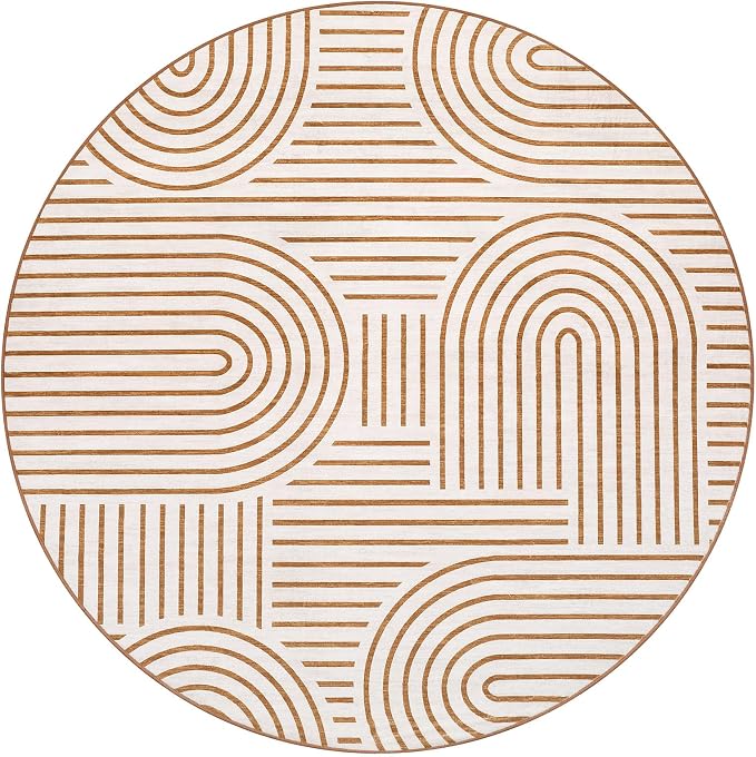 ROYHOME Modern 6ft Round Washable Rug for Living Room Soft Non Slip, Orange | Abstract Area Rug for Bedroom, Rainbow Throw Rugs with Rubber Back, Low Pile Stain Resistant Geometric Carpet for Dining Room