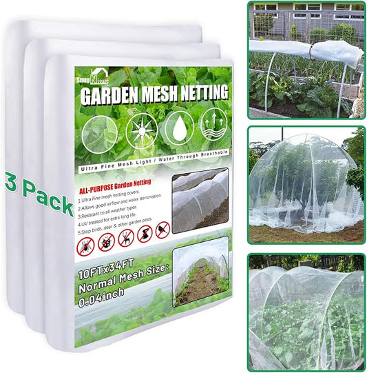 SnugNiture 3 Pack Garden Netting 10x33FT Ultra Fine Mesh Mosquito Netting Plant Covers, White Bird Netting Barrier Greenhouse Row Cover Protect Fruits Flower Vegetables from Birds Deer & Squirrels
