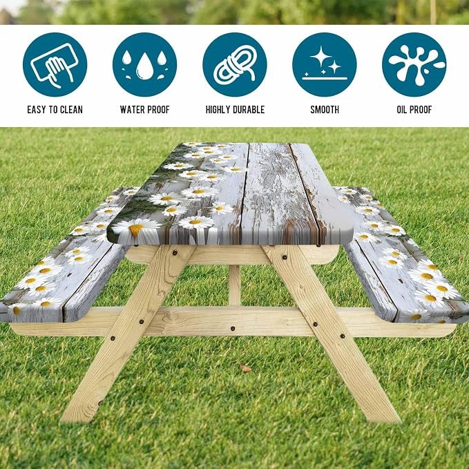 Picnic Table Cover with Bench Cover, Outdoor Patio Camping Essentials Farmhouse Daisy Wooden Table Covers with Elastic Waterproof Camping Tablecloth with Drawstring Bag, 72In 3PCS