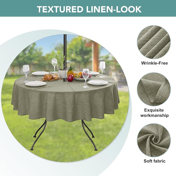 LUSHVIDA Outdoor Tablecloth with Umbrella Hole - Patio Table Cloth Zippered Round 60 Inch, Khaki Linen-Look Polyester Table Cover Water Resistant for Picnic Outside