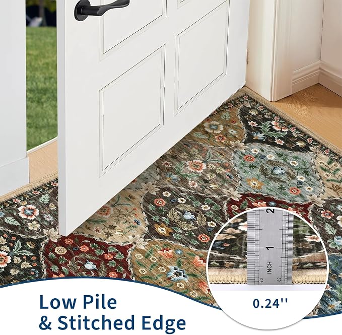 ROYHOME 9x12 Area Rug Large Trellis Machine Washable Rug for Living Room | Stain Resistant Non-Slip Accent Rug Carpet Farmhouse Vintage Distressed Floral Floor Cover for Home Decor, Red/Brown
