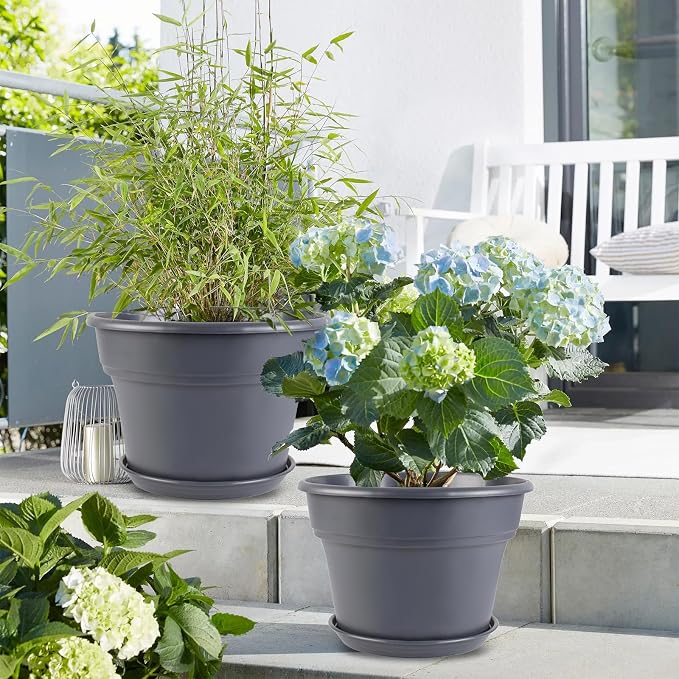Myfeegoin 13-inch-Plant-Pots, 4 Pack Large Planters for Outdoor Plants, Plastic Flower Pots Indoor with Drainage Holes & Trays, Classic Garden Pot Container for House