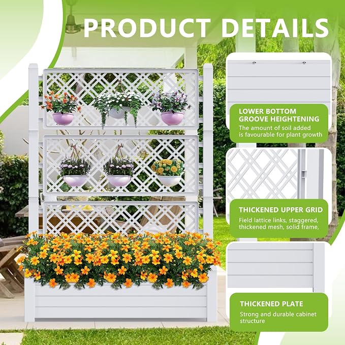 Vixzen 59" Tall Raised Garden Bed,Outdoor Large Resin Planter Box with Trellis and Drain Plug for Climbing Plants,Easy to Assemble,Water Monitor (Ashen, 43.43"×18.27"×59.29")