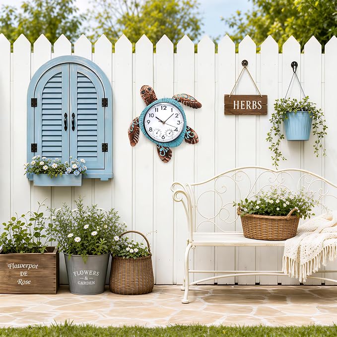 MUMTOP Turtle Outdoor Clock Waterproof, 12.6 Inch Outside Wall Clock with Thermometer Combo for Patio Pool Garden Home Decor