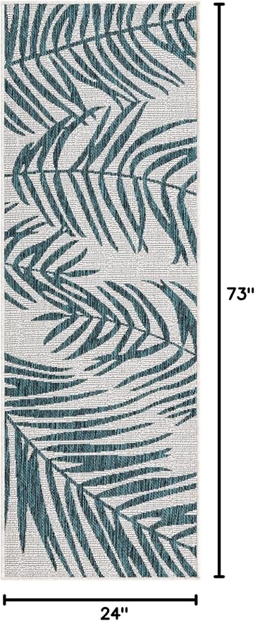 Unique Loom Outdoor Botanical Collection Area Rug - Palm (2' x 6' 1" Runner, Teal Ivory)