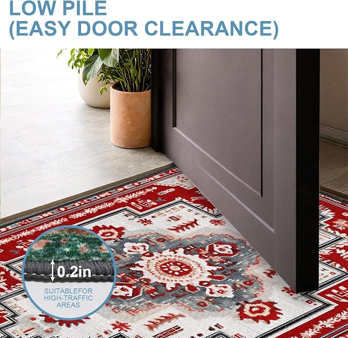 Red Geometric Rose 2x3 Entry Rug,Washable Small Rugs for Entryway Kitchen Bathroom Door Mat Indoor Entrance,Non Slip Rubber Backing,Stain & Fade Resistant,Gul Floral Farmhouse Decor