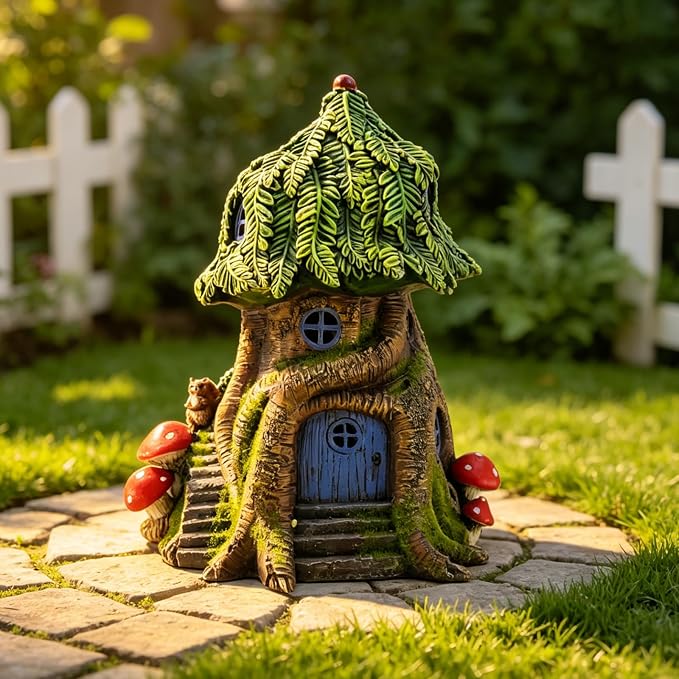COWOS Solar Light Fairy Tree House, Fairy Garden House Statues, Tree House Figurines with Solar Light for Indoor Outdoor Art Decorations, Patio Yard Lawn Ornaments Gift