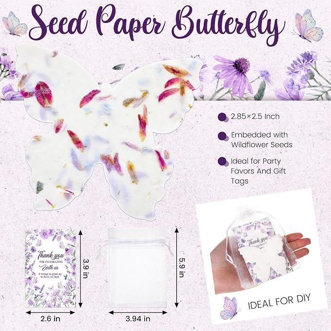 Dunzoom 50 Sets Wedding Gifts for Guests Butterfly Shaped Seed Paper Handmade Flower Petals Tags Plantable Wildflower Seed Paper Recycled Thank You Cards and Organza Bags for Bridal Party Favors
