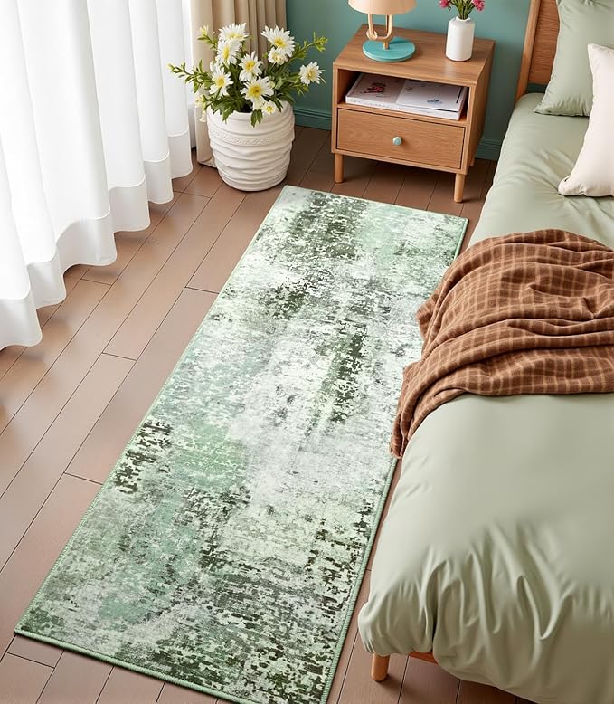 Green Washable Runner Rug for Bedroom, Abstract Non-Slip Soft Entryway Rugs, Modern Low Pile Stain Resistant 2x6 Carpet for Entryway, Kitchen, Hallway, Bedside