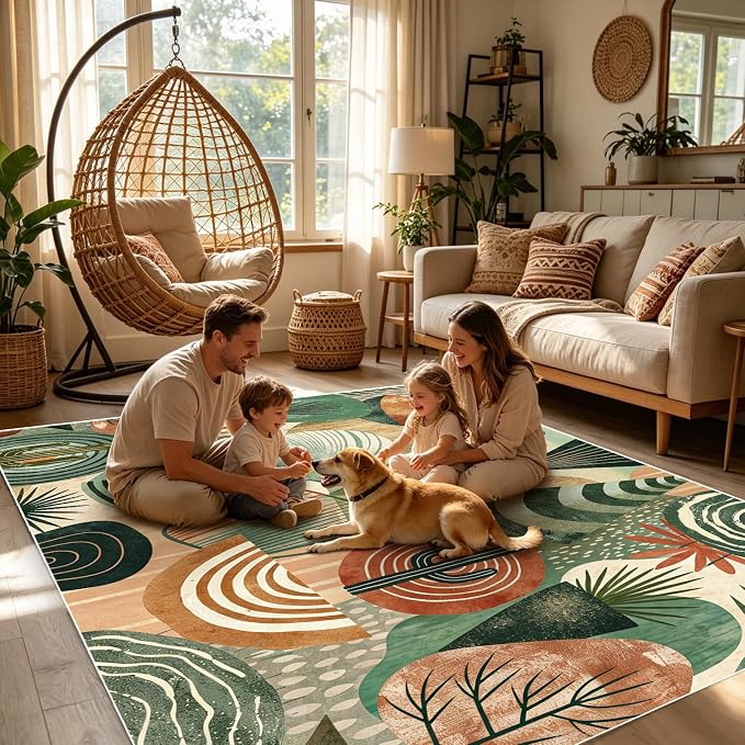 Green Area Rug 5x7, Green Boho Abstract Rug for Living Room, Irregular Geometric Design, Machine Washable Sage Green Rug, Stain Resistant,Low Pile, Non-Slip Backing,Bedroom Dining Room