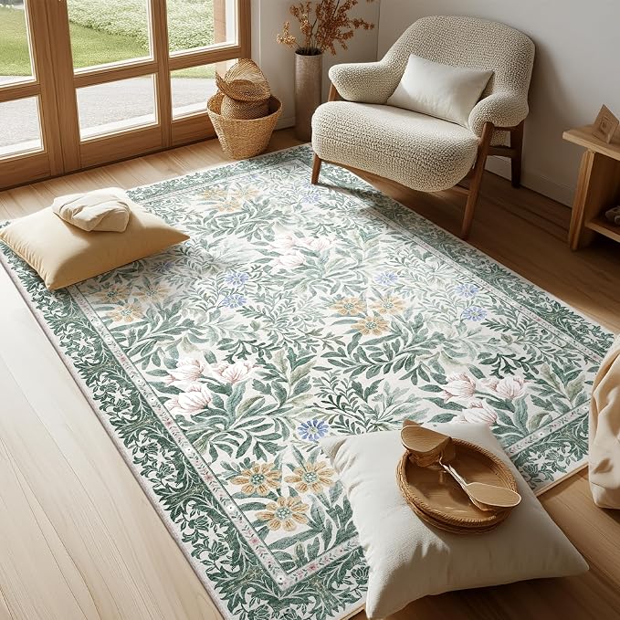 Botanical Floral Area Rug 4x6 Light Green Cream Vintage Garden Design, Perfect for Living Room, Bedroom, Kids Room, Nursery - Stain & Water Resistant Non-Slip, Pet & Child Friendly Area Rugs