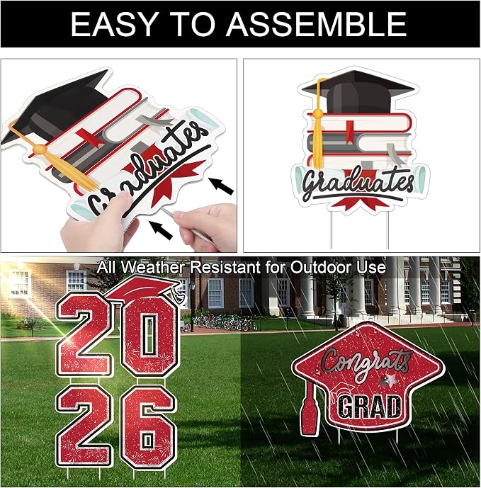 Large 11 PCS Graduation Yard Signs, Class of 2026 Congrats Grad Outdoor Lawn Yard Sign with Stakes, Graduate Yard Decorations for College High School Party, Black and Red