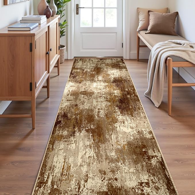 RELEANY Washable Runner 2'x8' Abstract Area Rug for Hallway Brown Tan | Carpet for Kitchen, Entryway, Bathroom, Living Room, Bedroom, Printed Pattern, Non‑Slip, Soft, Stain‑Resistant, Easy to Clean