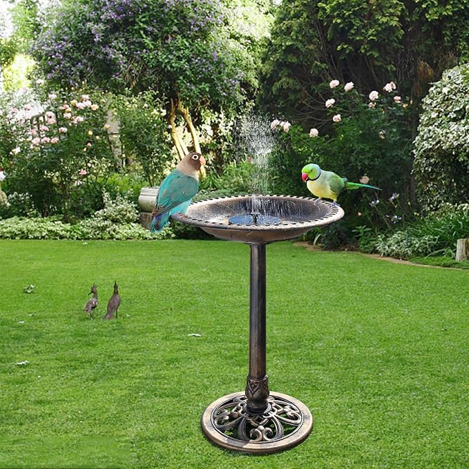 VINGLI Pedestal Bird Bath with Solar Fountain, Solar Pump Resin Birdbaths, Weather Resistant Bird Baths with Ground Stakes, Vintage Finish Garden Decor for Outdoor, Patio, Yard, Lawn (Copper)