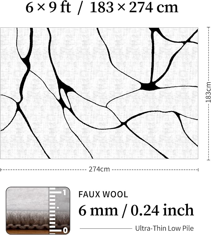 6x9 Washable Modern Abstract Black White Area Rug | Ultra-Thin Low Pile, Non-Slip TPE Backing, Soft Stain Resistant, Machine Washable, for Bedroom Livingroom High Traffic