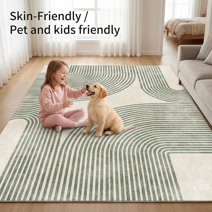 6x9 Green and Beige Modern Geometric Arch Stripe Area Rug | Machine washable, non-slip, low-pile faux cashmere rug for living room, bedroom, dining room, and home office.