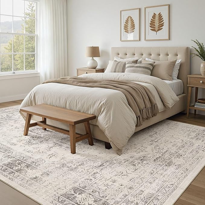 UERMEI 9x12 Area Rug Living Room Rugs - Washable Vintage Soft Large Rug Indoor Floor No Slip Rug Carpet for Bedroom Farmhouse Under Dining Table Home Office Decor - Beige/Camel
