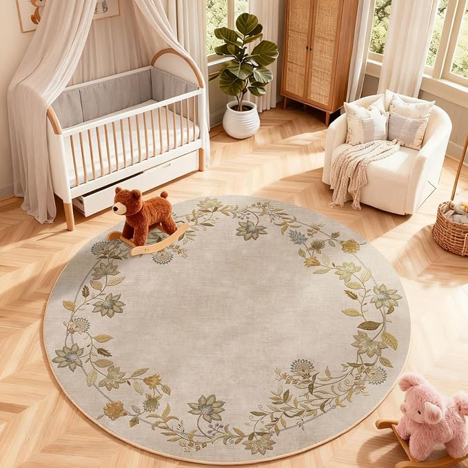 Washable Bedroom Round Rug 4ft: Living Room Circle Rug Stain Resistant Non Slip Low Pile Soft Faux Wool Small Area Rugs for Bedroom Kitchen Entryway Kids Room Bathroom Entrance Nursery Dorm Office