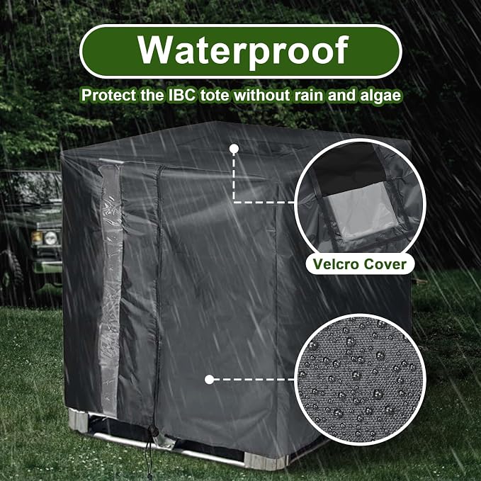 IBC Tote Cover, GDCCPRO 600D Heavy Duty Waterproof Cover for 1000L IBC Container Rain Water Tank Outdoor 275 Gallon Rain Barrel Foil Anti-Dust Cover Sun Protection Anti-UV (600D W/Window)