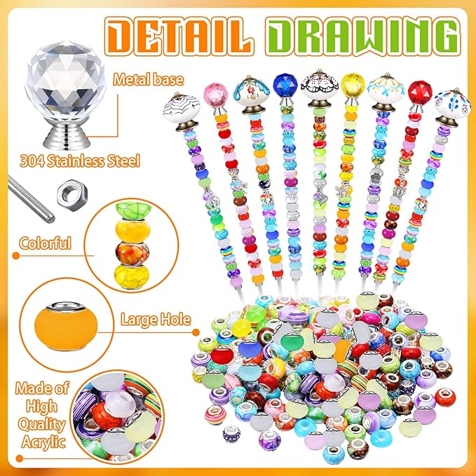 Hicarer 248 Pcs DIY Fairy Wand Kit Beaded Stakes with 12 Threaded Rod Nuts 6 Crystal Stopper Top 6 Ceramic Pumpkin Mushroom Top 212 Diamond Bead 12 Silver Glass Pendant for Outdoor Garden Decoration