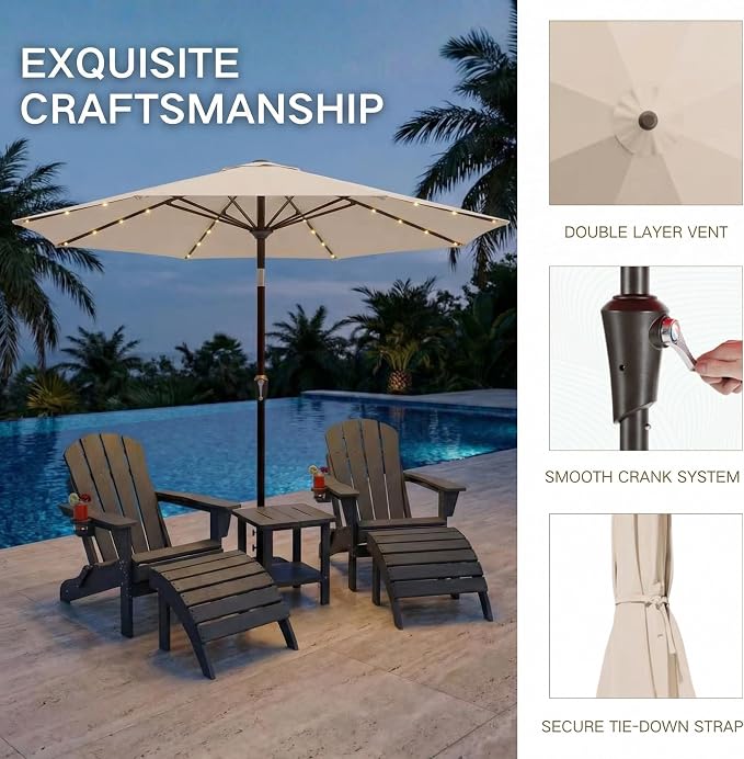 Kingdura 10FT Outdoor Patio Umbrella with Solar Lights, Market Table Umbrella with Push Button Tilt & Crank, 8 Sturdy Ribs, 32 LED Lights, UV Protection for Garden Lawn Deck Backyard Pool (Beige)