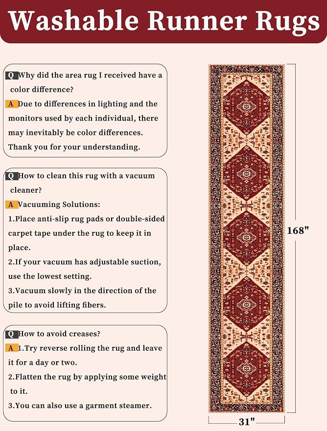 SERISSA 2'6"x14' Washable Non Slip Boho Runner Rug for Hallway，Red Black | Ultra Soft Vintage Oriental Carpet Low-Pile Tribal Floor Carpet for Kitchen Bedroom Entryway Bathroom Laundry Room