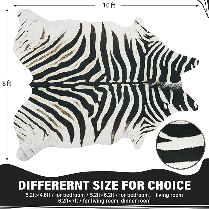 AROGAN Western Faux Zebra Rug, Sturdy Zebra Hide Rugs, Non-Slip 8 x 10 Ft | Premium Animal Skin Print Rug for Wall Decor, Western Floor Carpet for Bedroom Living Room, Black and White