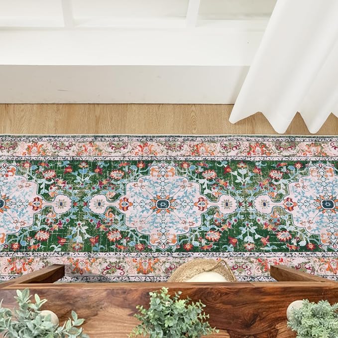U'Artlines 2'x14' Boho Hallway Runner Rug Non Slip Washable Runners,Green | Vintage Farmhouse Kitchen Rug Accent Area Carpet for Entryway, Dining Room and Living Room