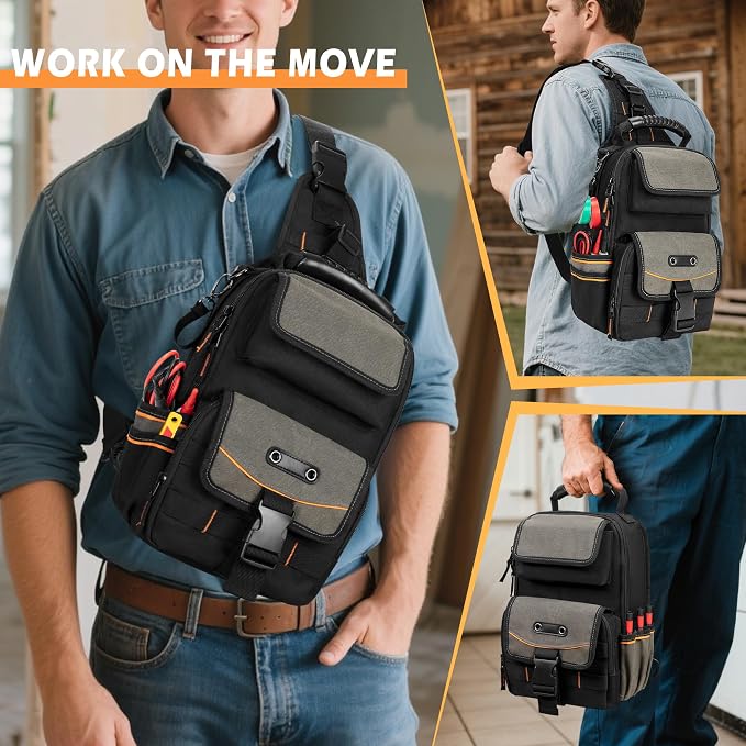 Electrician Tool Pouch Bag, Zippered HVAC Tool Organizer | Heavy-Duty Canvas Fabric, Ergonomic Handle, Removable Shoulder Strap, Ideal for Maintenance Repair Technician