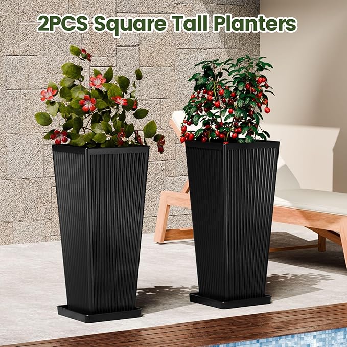 Front Porch Planters Outdoor Set of 2, 24" Tall Plastic Planters for Outdoor Plants with Drainage, Extra Large Outdoor Planter Pots, Tapered Tall Planters for Front Door & Indoor Plants, Black