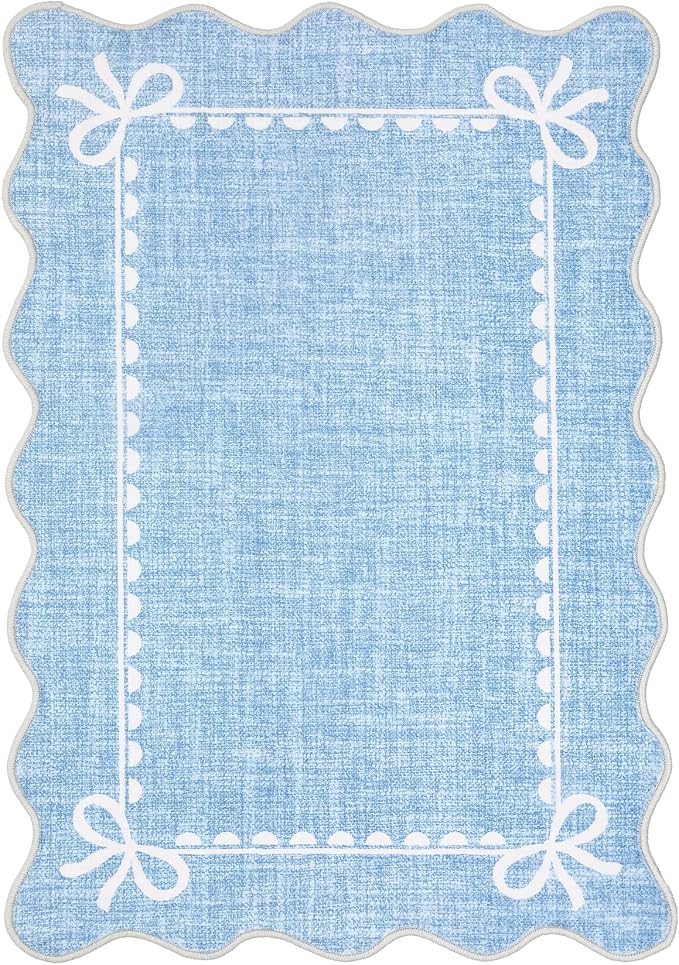 GarveeHome Scalloped Entryway Rug 2x3 Washable Front Door Bow Rug, Blue | Non Slip Soft Low Pile Ultra-Thin Stain Resistant Indoor Carpet for Girls Dorm Nursery Bedroom Decor Hallway Kitchen Floor