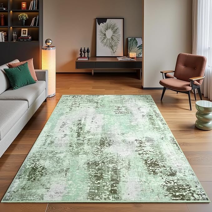 3x5 Green Washable Area Rug for Living Room Bedroom, Modern Abstract Non-Slip Rugs, Low Pile Soft Stain Resistant Carpet for Dining Room, Kitchen, Office, Dorm, Bedside Decor