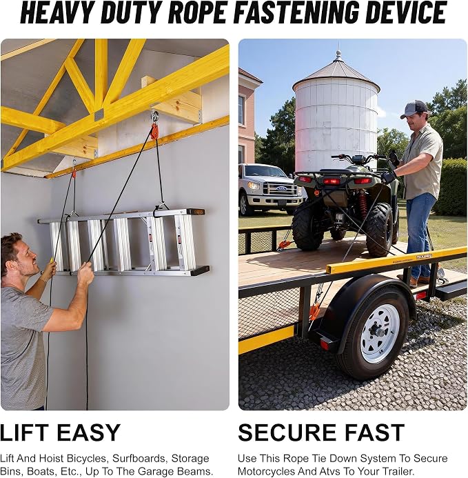 Heavy Duty Rope Fastening Device - 3/8 Inch, Easily Lift Heavy Objects and Hang Them securely, Self-Locking Alternative to Traditional Tie Down Straps (Orange 2-Pack)