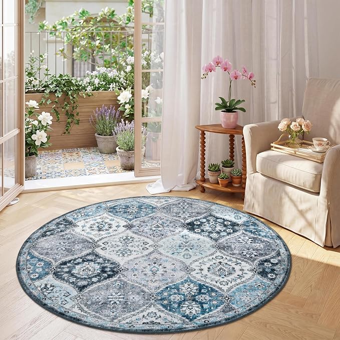 ROYHOME Washable Round Rug 4ft Moroccan Trellis Washable Area Rug | Stain Resistant Non-Slip Circle Rug Vintage Distressed Round Throw Carpet for Living Room Kids Room Playroom, Blue/Grey