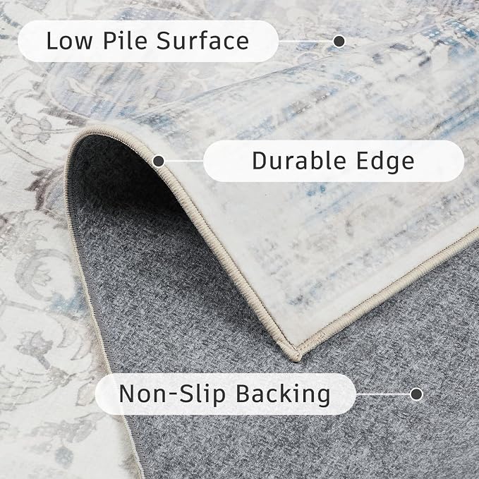DCX Washable 4x6 Blue Rug Stain Resistant Distressed Vintage Rug | Kid & Pet Friendly with Rubber Back Non Slip Soft Low Pile Large Carpet for Living Room, Bedroom, Home Office