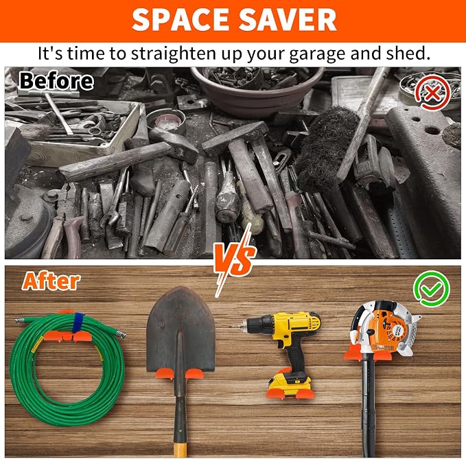 Upgraded Trimmer Rack Wall Mount - 8" Heavy Duty Weed Eater Hanger for Garage Wall, Garden Power Tool Holder Organizer Hooks for Grass Trimmer, Hedge Trimmer, Leaf Blower and Chainsaw, Orange, 3 Pack