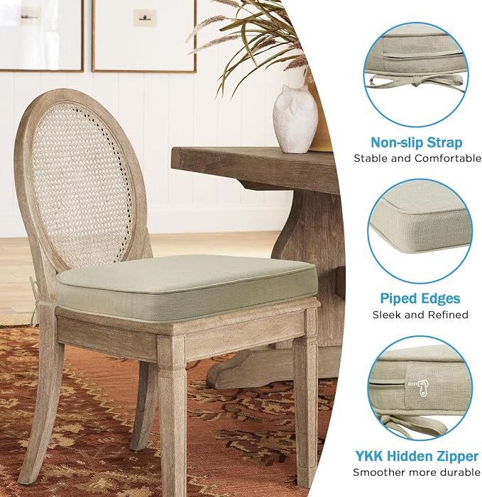 17 x 16 Inch Outdoor Chair Cushions with Tie Straps, Set of 4 Thick Water Repellent Round Patio Chair Pads for Garden Lawn Patio Furniture, Linenweave Tan