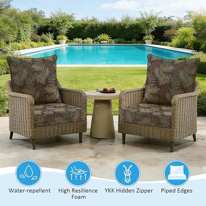 Outdoor Deep Seat & Back Cushion Set (2-Pack), 24 x 24 Inch Water Repellent and Fade Resistant Patio Furniture with Removable Cover for Outside Sofa Couch, Bamboo Leaf Jacquard