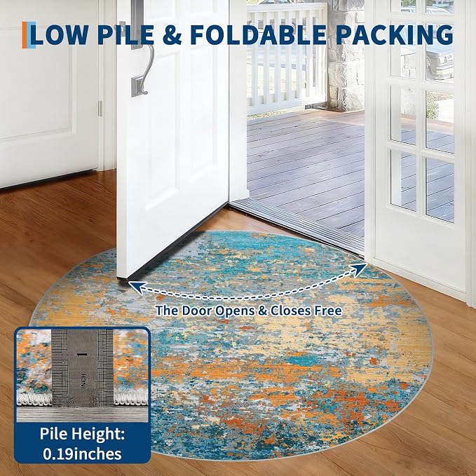ROYHOME Modern Abstract 4x4 Round Area Rug Non Slip, Multi Color | Non Shedding Rug Low Pile Stain Resistant for Bedroom Living Room office Dining Room