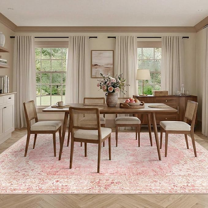 Latte&Fog 8x10 Area Rugs for Living Room Washable Large Pink Rugs Cute | Non Slip Low Pile Soft Floral Carpet for Girls Bedroom Dining Kitchen Kids Playroom Nursery Classroom Dorm Farmhouse Office