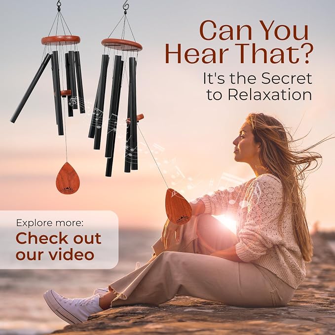 Black Wind Chimes for Outside Clear Tone, 28 Inch Havasu Hand Tuned E Major Wind Chime, Adjustable Clapper, Aluminum Tubes and Ash Wood, Patio Balcony Garden Decor, Memorial Sympathy Gift
