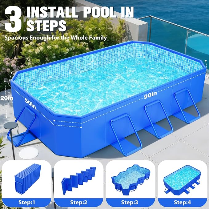 FunBy Large Foldable Pool, Foldable Swimming Pool, Large Foldable Pool for Adults, Non-Inflatable Pool,Oversize Thickened Collapsible Pool, Kids Pool for Backyard,Mosaic Design 108"x68"x20"-Blue