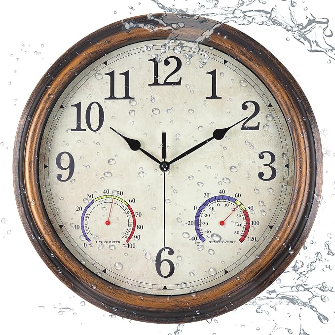 16 inch Outdoor Wall Clock, Plastic Waterproof Wall Clock with Temperature, Water Resistant Outdoor Clocks for Patio Garden