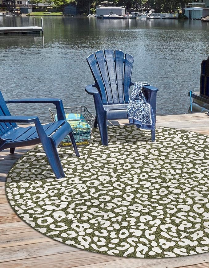 Unique Loom Outdoor Safari Collection Area Rug - Leopard (13' Round, Green/ Ivory)