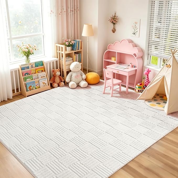 White Washable Shag Area Rug for Living Room, 6x9 Modern Geometric Non Slip Bedroom Rugs, Fluffy Soft Thick Carpet for Girls Kids Room, Dorm, Office, and Home Decor