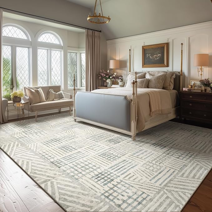 Area Rug 9x12 Abstract Geometric Textured Brushstroke - Neutral Gray & Light Blue Modern Minimalist Area Rug, Decorative Carpet for Living Room Bedroom Home Decor